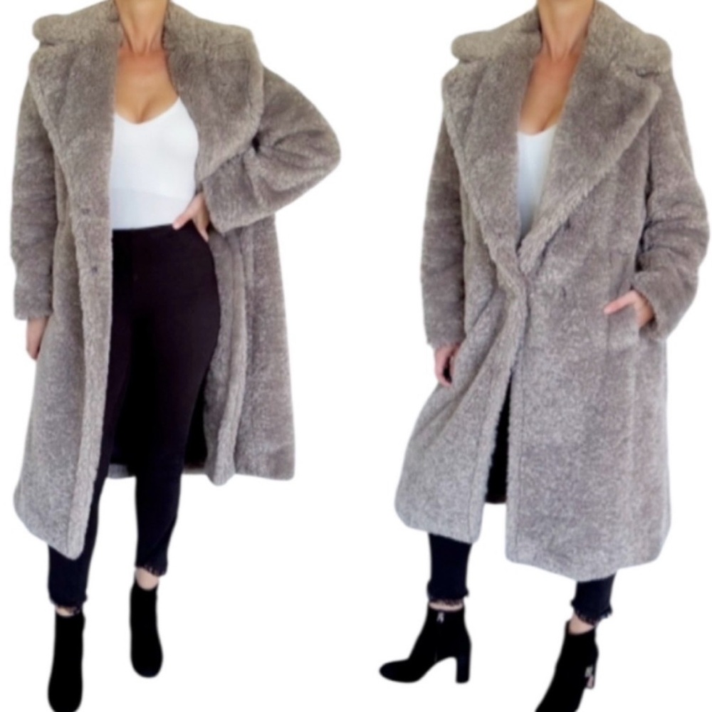 Boden Taupe Plush Teddy Faux Fur Longline Coat